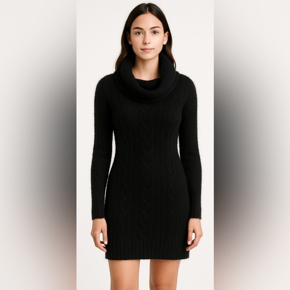 King Kong Dresses & Skirts - Whimsigoth Black Cowl-Neck Cable Sweater Dress Luxury Soft Stretch Bodycon Small